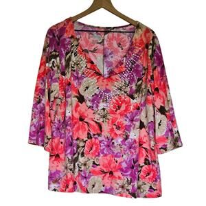 Just My Size Women's 2X Plus Tunic V Neck Print Top